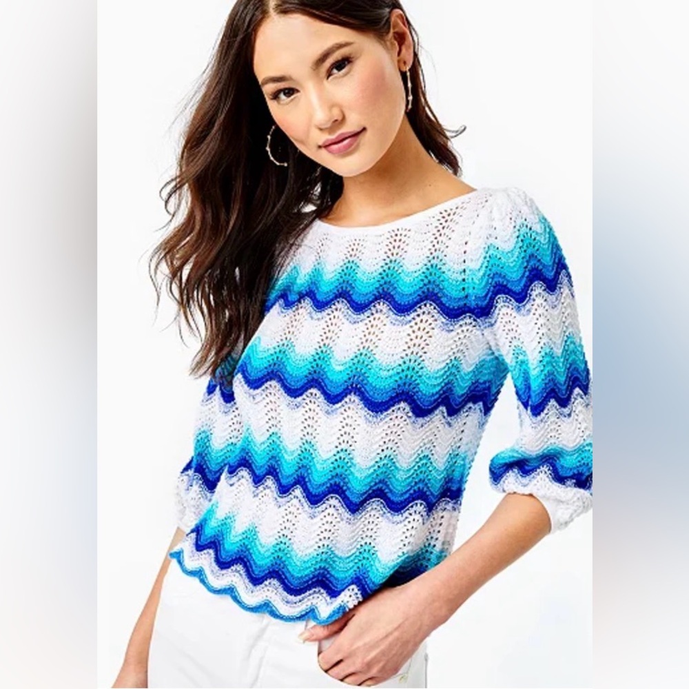 Lilly Pulitzer Navana Sweater Bermuda Blue Gypsy Wave Stripe (M) Ptp 15'-18"